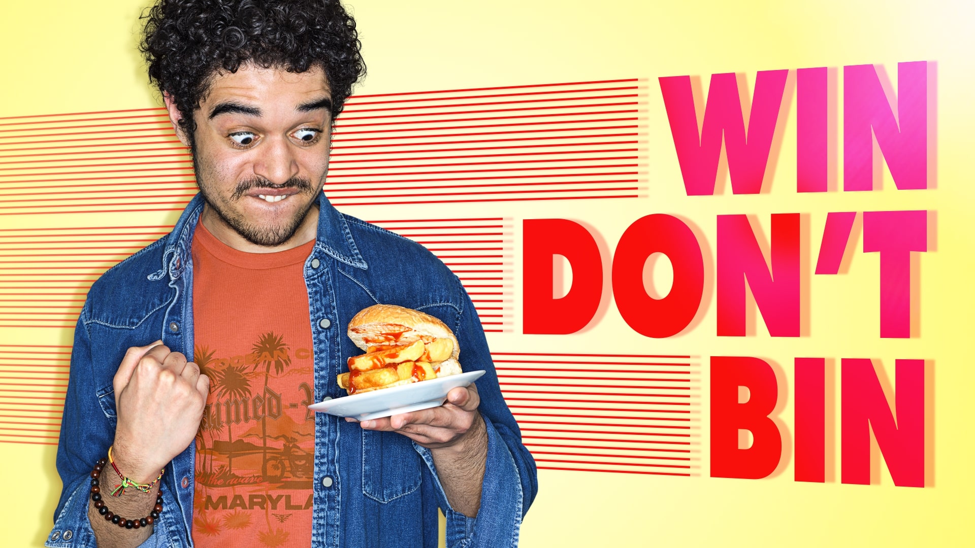 Win Don't Bin - energetic design with a photo of a young man excitedly looking at a chip butty