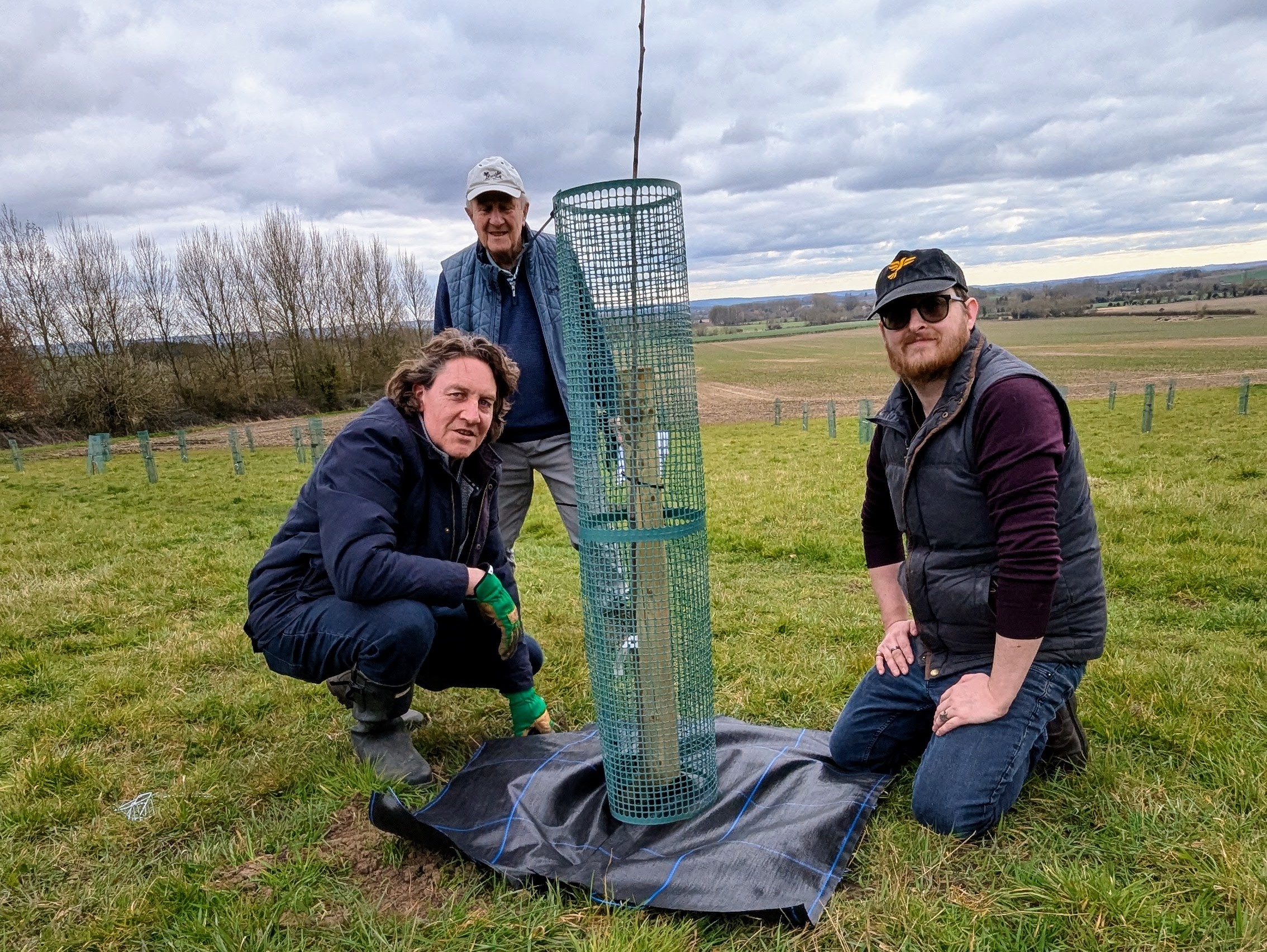 Three adults sitting next to a newly planted tree