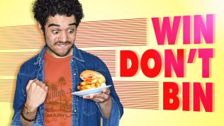 Win Don't Bin - energetic design with a photo of a young man excitedly looking at a chip butty