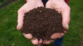 A zoomed in shot of some hands holding compost against a grassy background.