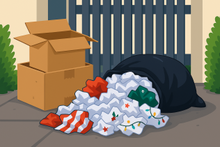 A cartoon style image of two boxes stacked and an open big bag full of Christmas wrapping outside a house.