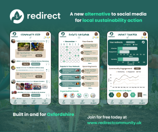 Graphic showing: Redirect, a new alternative to social media for local sustainability action.