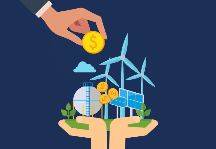 A cartoon image of a hand holding various sources of clean energy, and another hand giving a gold coin to it.