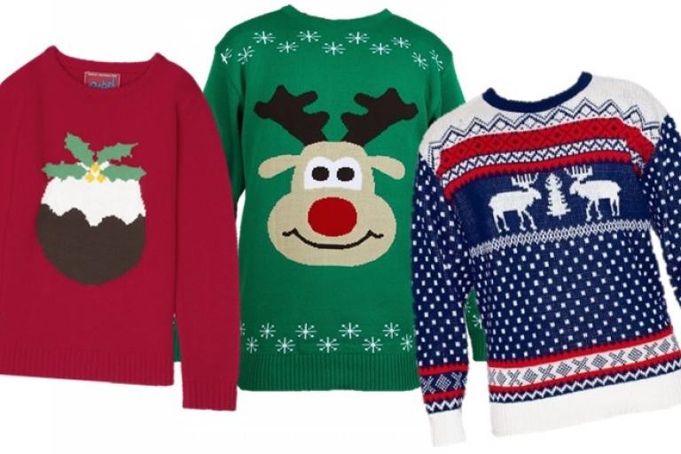Three brightly coloured christmas jumpers