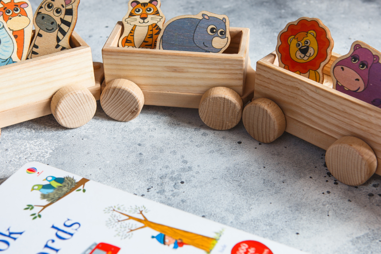 Wooden toys and book