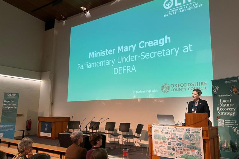 Minister Mary Creagh presenting in front of a projected screen displaying her title.