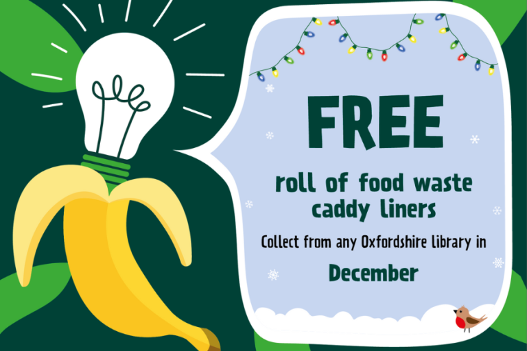 A banana with a lightbulb and a speech bubble saying there are free caddy liners at Oxfordshire libraries in December