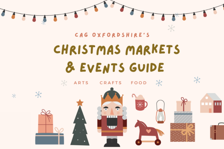 A CAG Oxfordshire banner for the Christmas Markets and Events Guide with Christmas motifs like a tree, nutcracker, and presents.