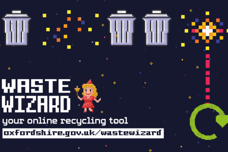 A retro space invaders advertisement for the waste wizard with bins being shot by a recycling symbol