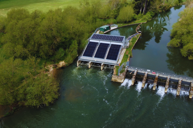 An overhead shot of renewable energy generation on a river.