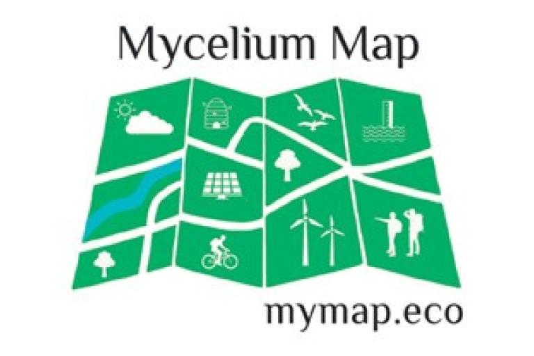 An image of the Mycelium Map logo of a green map folded out and displaying various environment-related icons, with the 'mymap.co' website written below.