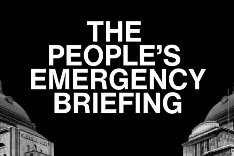 The People's Emergency Briefing, written in strong white text against a black background.