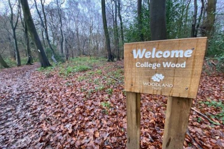 A brown wooden sign reading 'Welcome, College Wood, Woodland Trust' sits in a leafy wood.